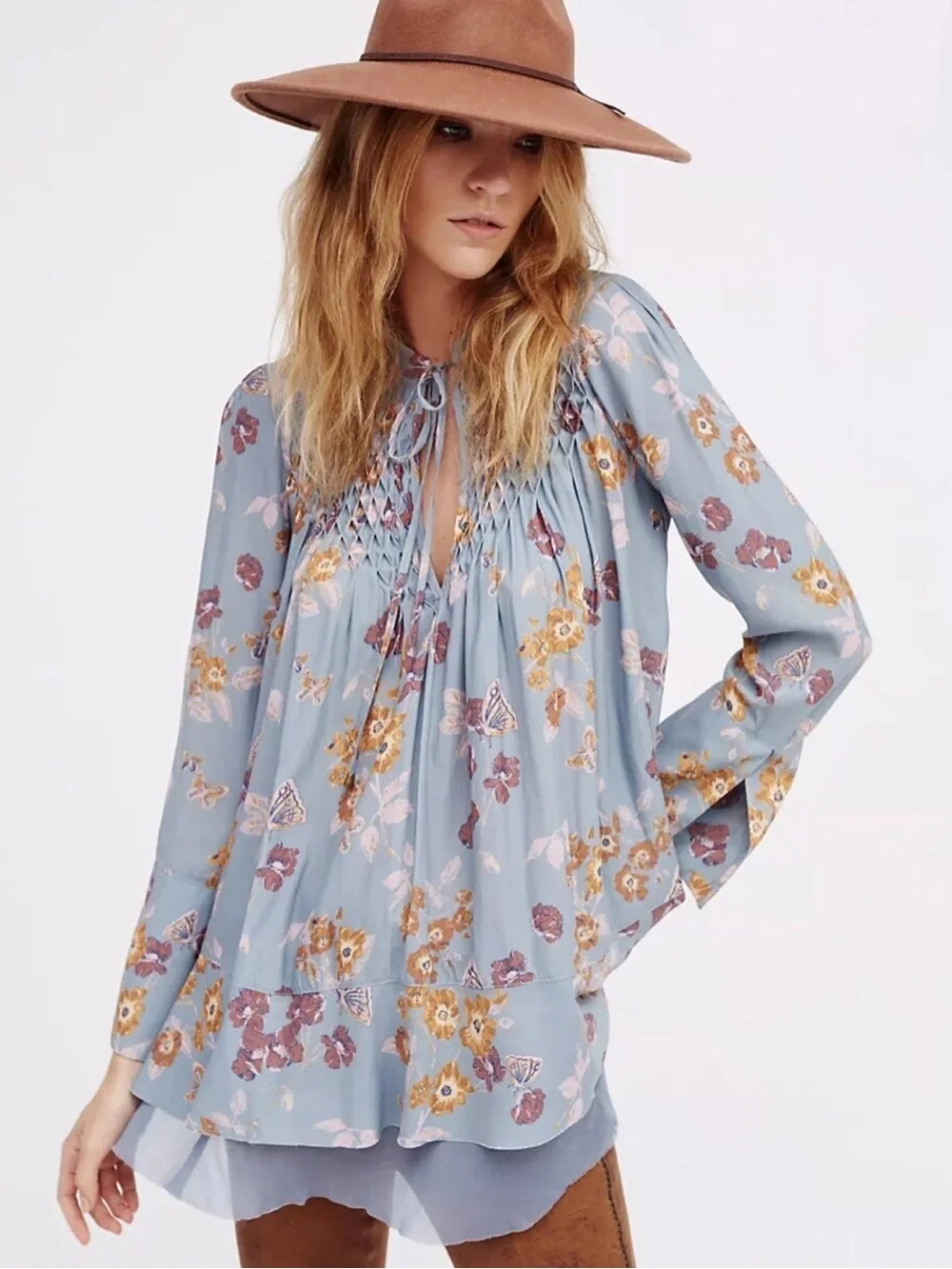 Free People Pebble Crepe Boho Floral Smocked Tunic Top Size Small